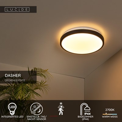 Lucide DASHER - Deckenleuchte Badezimmer - Ø 34,8 cm - LED - 1x18W 2700K - IP44 - Bewegung und Tag/Nacht-Sensor - Schwarz